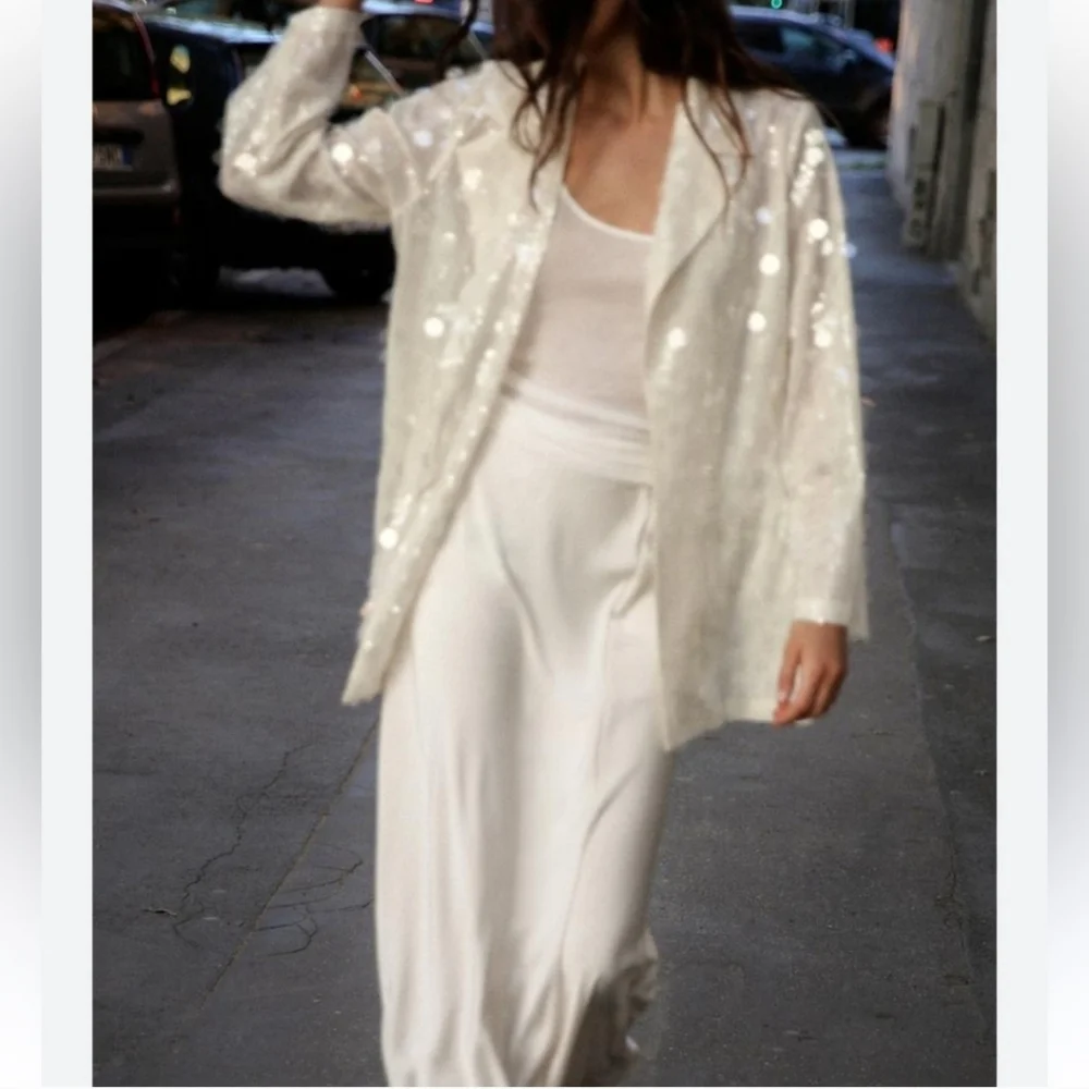 ZARA SEQUIN OPEN FRONT BLAZER Size S Cream - Picture 9 of 16